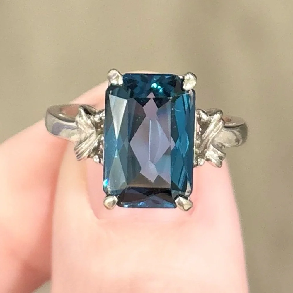 10K London Blue Topaz large 12x8mm Radiant rectangular cut white gold ring - Picture 1 of 10